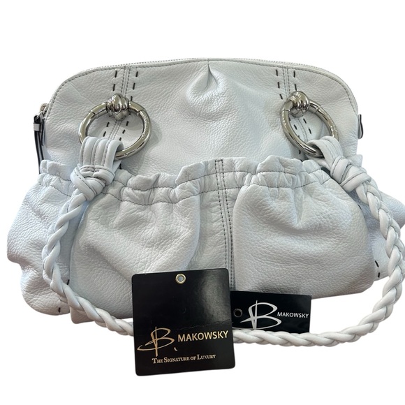 B. Makowsky Leather Handbag White Slouchy Soft Braided Handles Soft Shoulder Bag - Picture 1 of 10